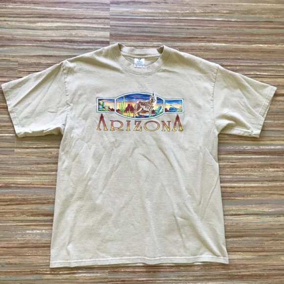 Arizona Beige T-Shirt Southwestern Desert Coyote Print Vintage Air Waves - Picture 3 of 6